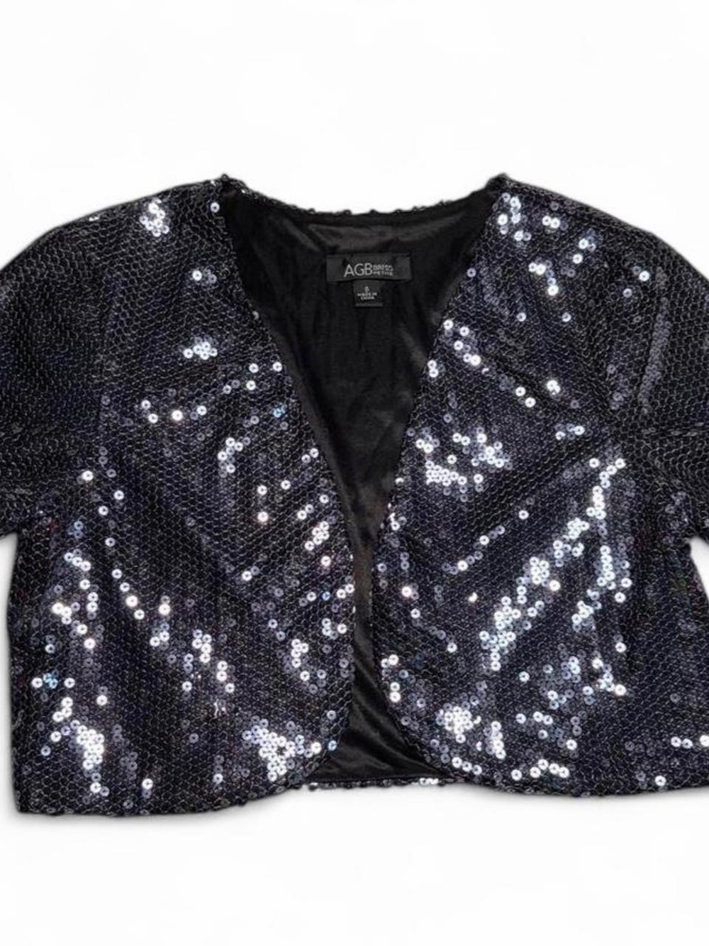 AGB Black Sequin Open-Front Cropped Bolero Jacket